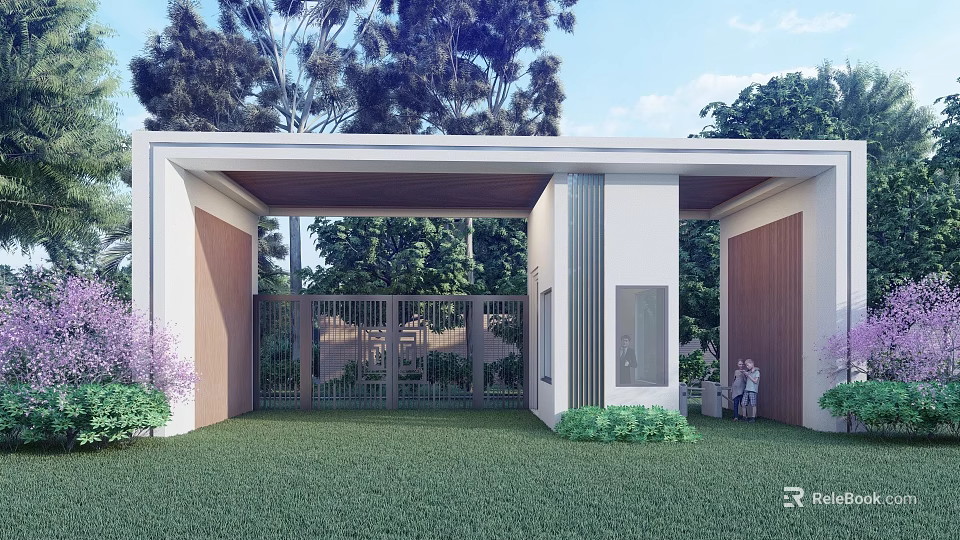 Modern Entrance Gate with Metal Grille Design Surrounded by Green Trees and Lawn 3d model 