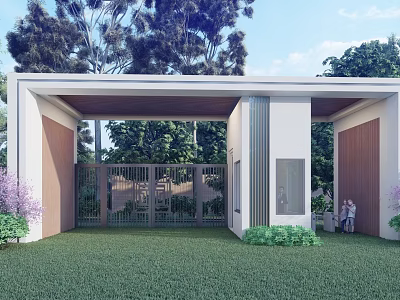 Modern Entrance Gate with Metal Grille Design Surrounded by Green Trees and Lawn 3d model