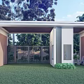 Modern Entrance Gate with Metal Grille Design Surrounded by Green Trees and Lawn
