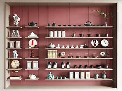 Elegant Tea Sets Teapots Teacups On Multiple White Shelves Against Red Wall With Decorations 3d model