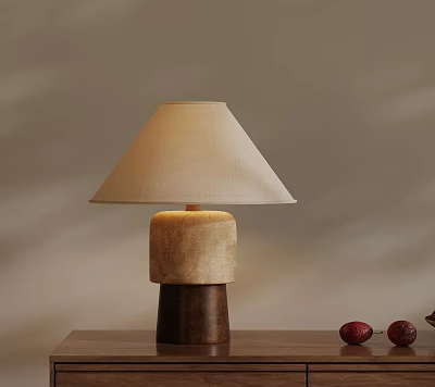 Modern Table Lamp With Beige Lampshade And Wooden Base On Table With Red Decorative Items 3d model