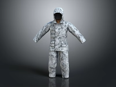 Gray White Camouflage Pattern Hooded Coverall With Functional Design For Outdoor Work 3d model