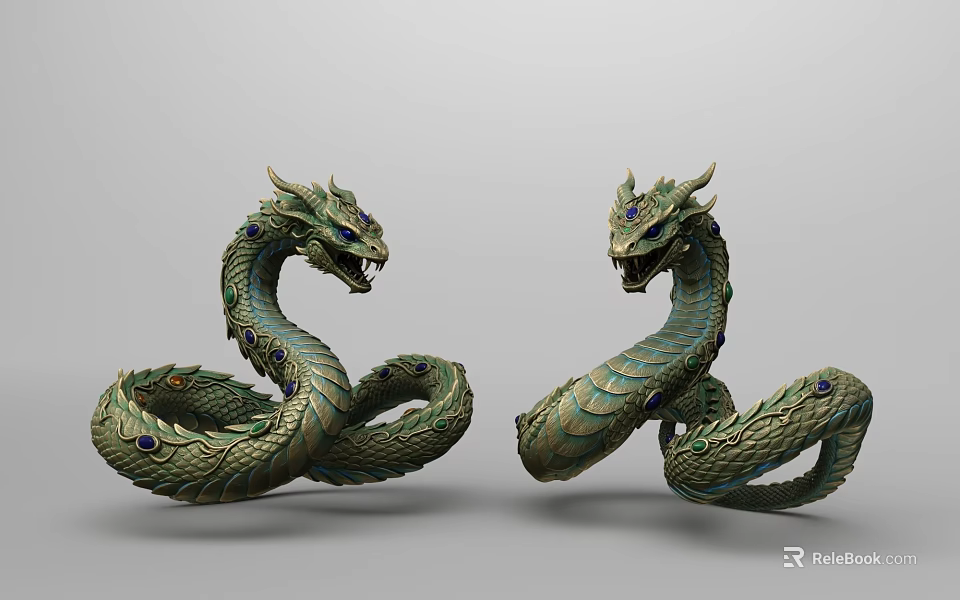 Detailed Green Dragon Sculptures With Coiled Bodies And Blue Gemstone Eyes 3d model 