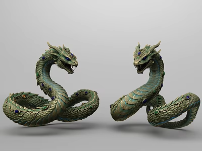 Detailed Green Dragon Sculptures With Coiled Bodies And Blue Gemstone Eyes 3d model
