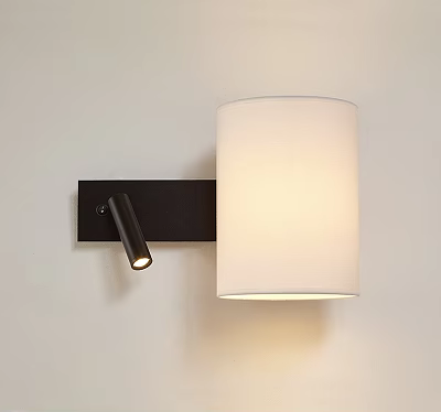 Modern Wall Lamp with Black Base White Cylindrical Shade and Small Adjustable Spotlight 3d model