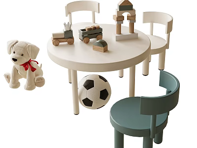 Kids Round Table And Chairs Set With Stuffed Dog Soccer Ball And Building Blocks 3d model