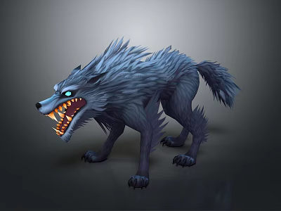 Fierce Mythical Wolf With Blue Fur Glowing Eyes And Sharp Teeth 3d model