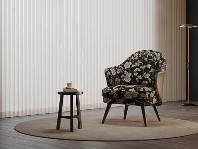 Floral Print Accent Chair With Wooden Stool On Floor Rug By Window Blinds 3d model