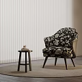 Floral Print Accent Chair With Wooden Stool On Floor Rug By Window Blinds