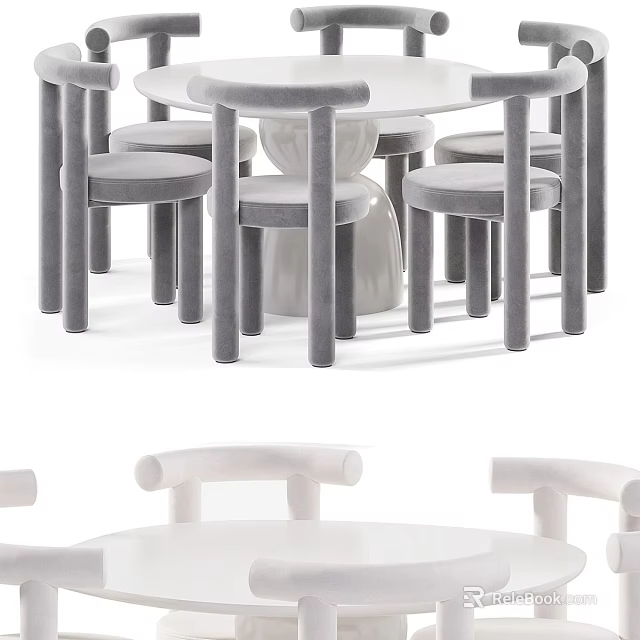 Modern Elegant Dining Table Set With Round White Table And Grey Velvet Chairs 3d model