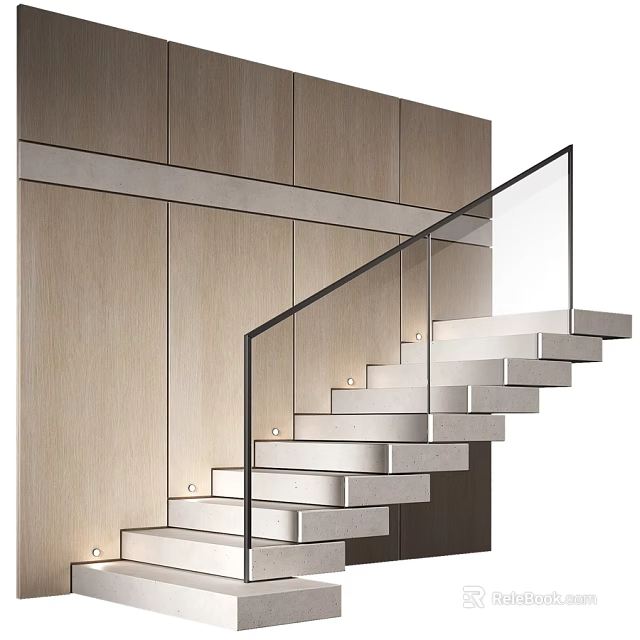 Modern Staircase Design With Glass Railing White Steps And Wooden Wall 3d model 