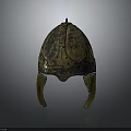 Ancient Golden Ornate Metal Helmet With Intricate Patterns And Ear Flaps As Protective Weapon