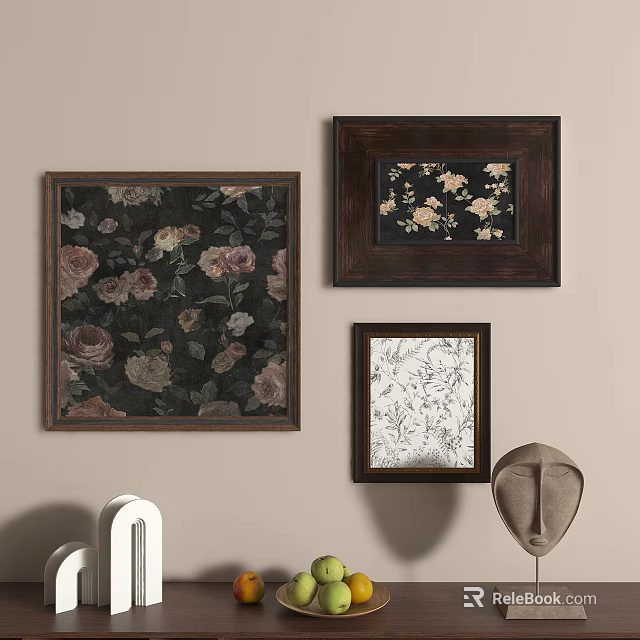 Three Abstract Paintings In Dark Wooden Frames With Floral Patterns And White Design On Beige Wall 3d model