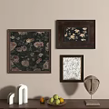 Three Abstract Paintings In Dark Wooden Frames With Floral Patterns And White Design On Beige Wall 3d model