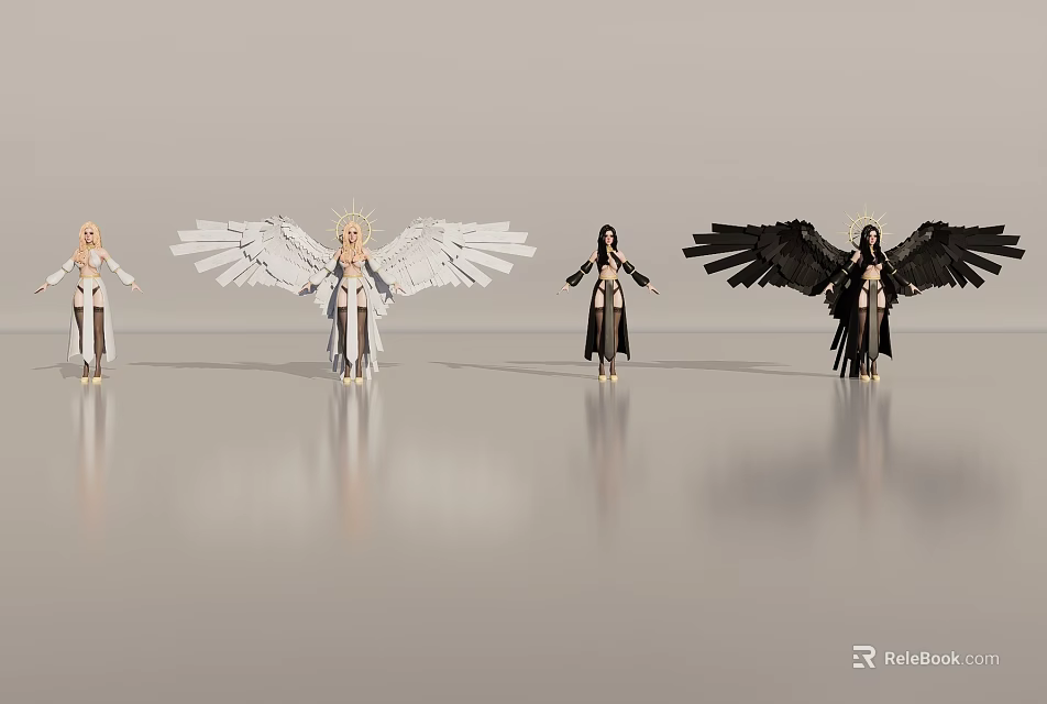 Winged Angelic And Demonic Characters With White Black Wings In Standing Poses 3d model 