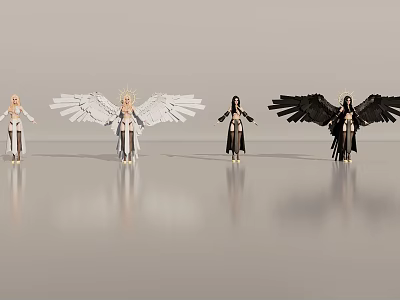 Winged Angelic And Demonic Characters With White Black Wings In Standing Poses 3d model