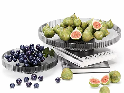 Elegant Decorative Ornament Set With Clear Glass Trays Figs Grapes And Stacked Books 3d model