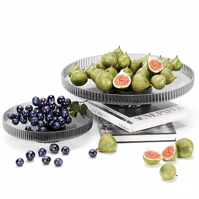 Elegant Decorative Ornament Set With Clear Glass Trays Figs Grapes And Stacked Books 3d model