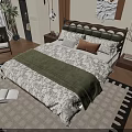 Double Bed with Upholstered Headboard Green Blanket Bedside Table Lamp and Rug with Open Book