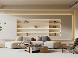 Modern living room cream sofa background wall 3d model