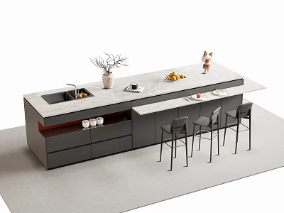 Modern Bar Counter Interior With Light Colored Countertop Vase Branches Fruits And Black Stools 3d model