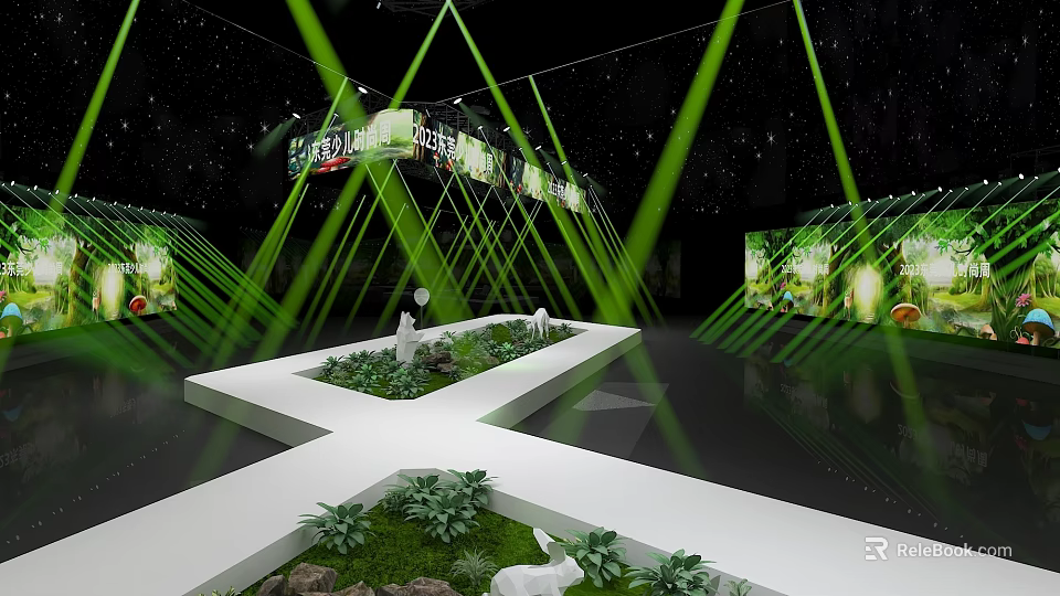 Modern Indoor Exhibition Space With Green Laser Beams White Platform Green Plants And Deer Models 3d model 