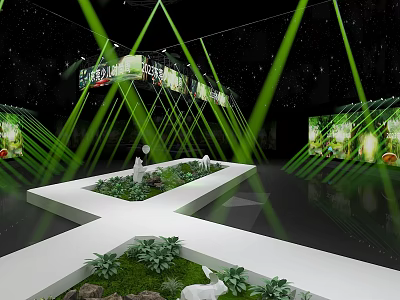 Modern Indoor Exhibition Space With Green Laser Beams White Platform Green Plants And Deer Models 3d model