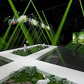 Modern Indoor Exhibition Space With Green Laser Beams White Platform Green Plants And Deer Models