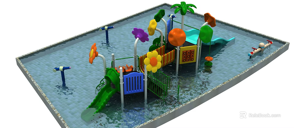 Colorful Water Playground Equipment With Slides Flower Decorations And Aquatic Features 3d model 