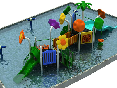 Colorful Water Playground Equipment With Slides Flower Decorations And Aquatic Features 3d model