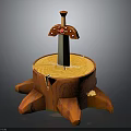Detailed Sword With Red Hilt Placed On Wooden Tree Stump With Ring Texture