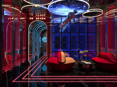 Modern KTV Interior Design With Neon Lights Red Sofas Starry Ceiling And Futuristic Vibe 3d model