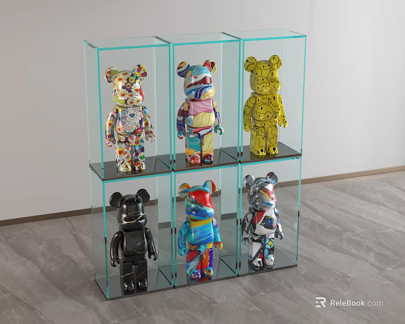 Vibrant Bear Sculptures With Unique Patterns In Transparent Glass Display Case 3d model 