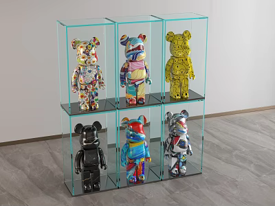 Vibrant Bear Sculptures With Unique Patterns In Transparent Glass Display Case 3d model