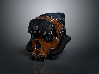 Orange And Black Mechanical Helmet With Blue Accents Gears And Pipes 3d model