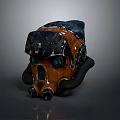 Orange And Black Mechanical Helmet With Blue Accents Gears And Pipes