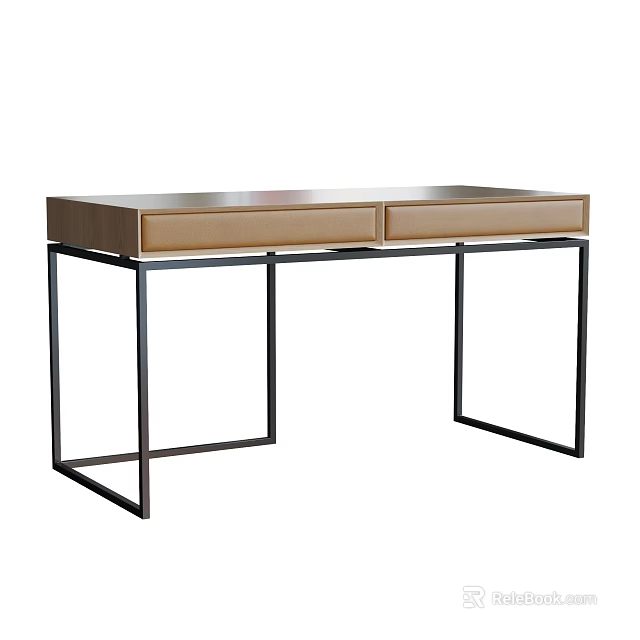 Modern Desk With Wooden Top Metal Frame And Storage Drawers 3d model 