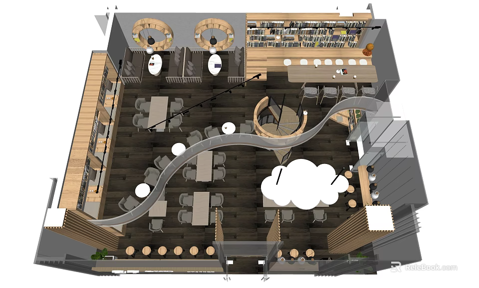 Modern Café Interior With Curved Layout Round Tables Wooden Seating And Bar Counter 3d model 