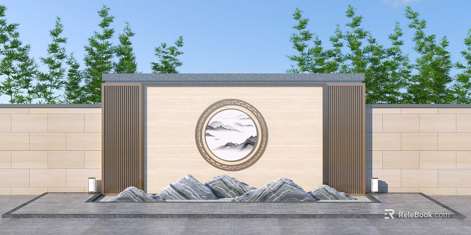 Chinese Landscape Wall With Circular Landscape Painting Rockery Stones Green Trees And Blue Sky 3d model 