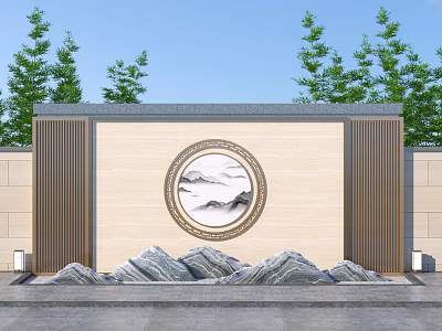 Chinese Landscape Wall With Circular Landscape Painting Rockery Stones Green Trees And Blue Sky 3d model