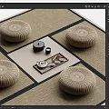 Japanese Style Tatami Seating Area With Woven Cushions And Tea Set Tray