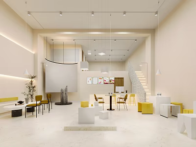 Bright Modern Dessert Shop Interior With Pastry Display Yellow Chairs And Pendant Lights 3d model