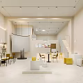 Bright Modern Dessert Shop Interior With Pastry Display Yellow Chairs And Pendant Lights