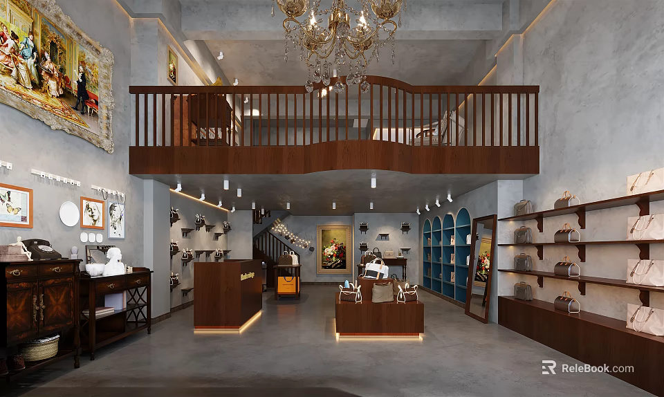 Specialty Store Interior With Wooden Balcony Chandelier Display Shelves Cases And Staircase 3d model 