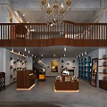 Specialty Store Interior With Wooden Balcony Chandelier Display Shelves Cases And Staircase