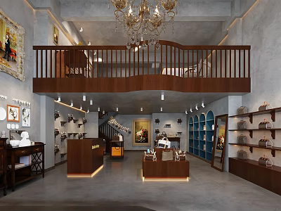 Specialty Store Interior With Wooden Balcony Chandelier Display Shelves Cases And Staircase 3d model