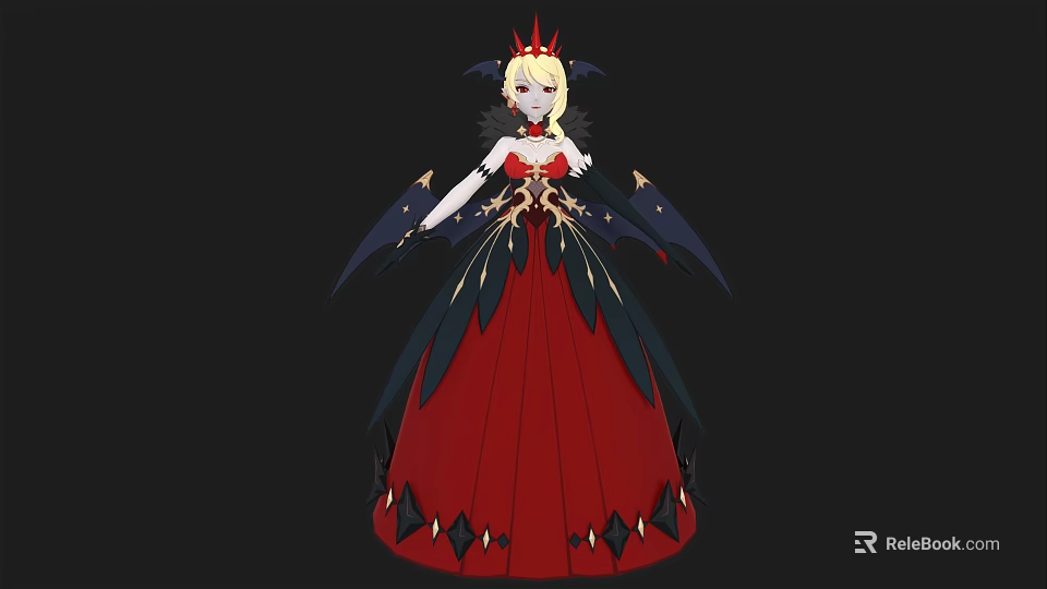 A Woman In Red Long Dress With Red Crown And Black Wings 3d model 