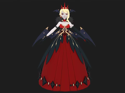 A Woman In Red Long Dress With Red Crown And Black Wings 3d model