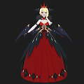 A Woman In Red Long Dress With Red Crown And Black Wings