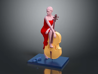 Elegant Sculpture Of Female Figure In Red Dress Sitting On Cello With Blue Base 3d model